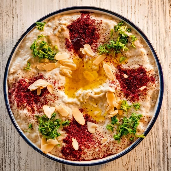 A bowl of hummus with olive oil, sumac, parsley, and sliced almonds on a white wooden table.