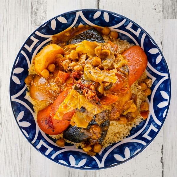 A colorful couscous dish with chickpeas, vegetables, and meat in a blue and white patterned bowl.
