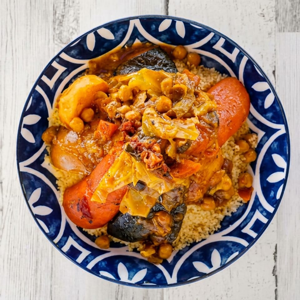 Couscous dish with vegetables, chickpeas, and meat in a blue and white patterned bowl on a white wooden table.