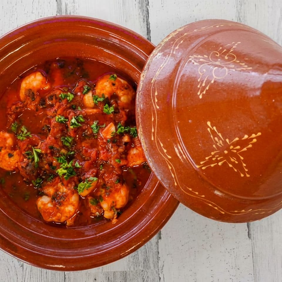 Shrimp tagine in a rustic terracotta pot with a decorative lid on a white wooden surface.