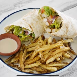 Chicken kabob Wrap and Fries
